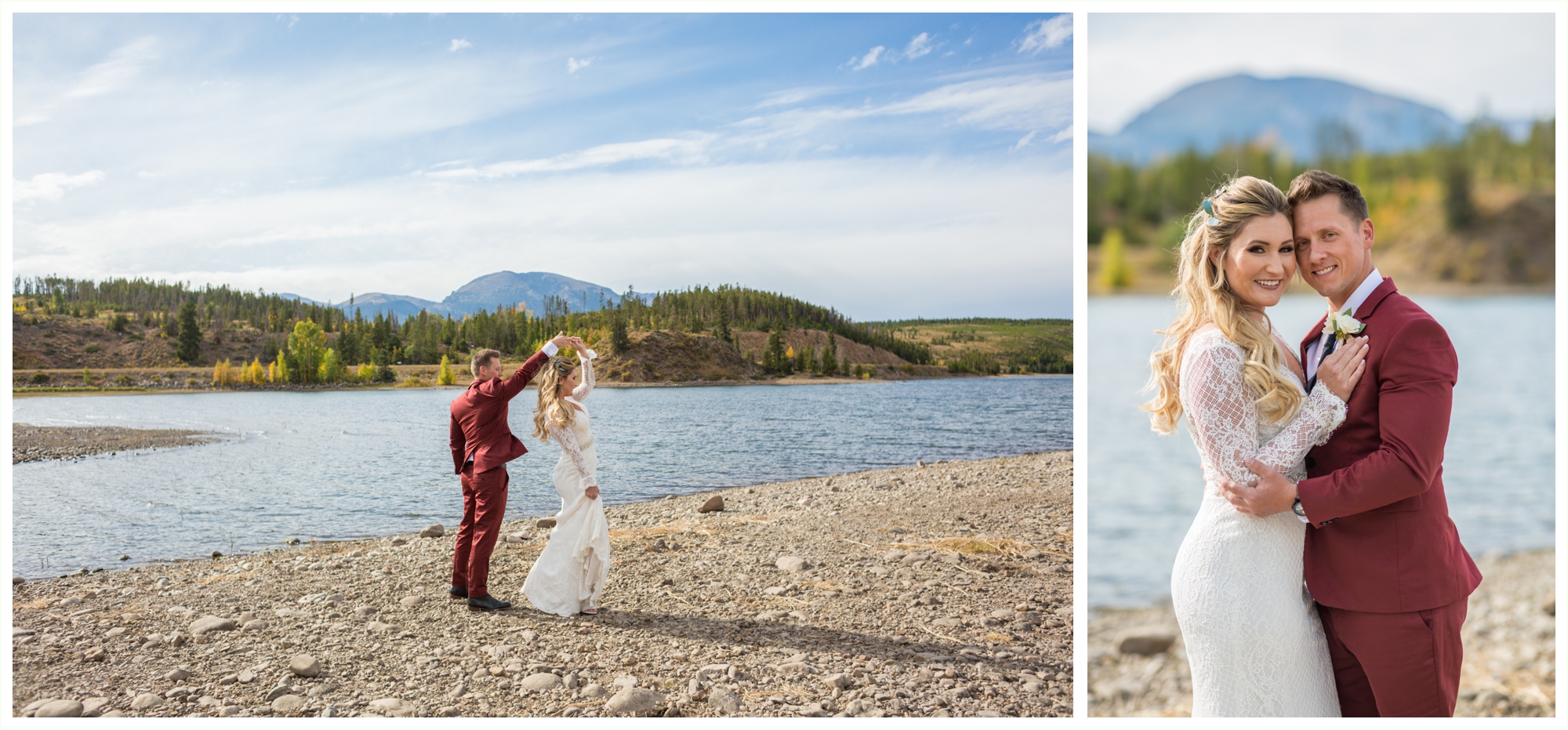 bride and groom dance during portraits at lake dillon for sapphire point wedding ceremony breckenridge elopement photographer