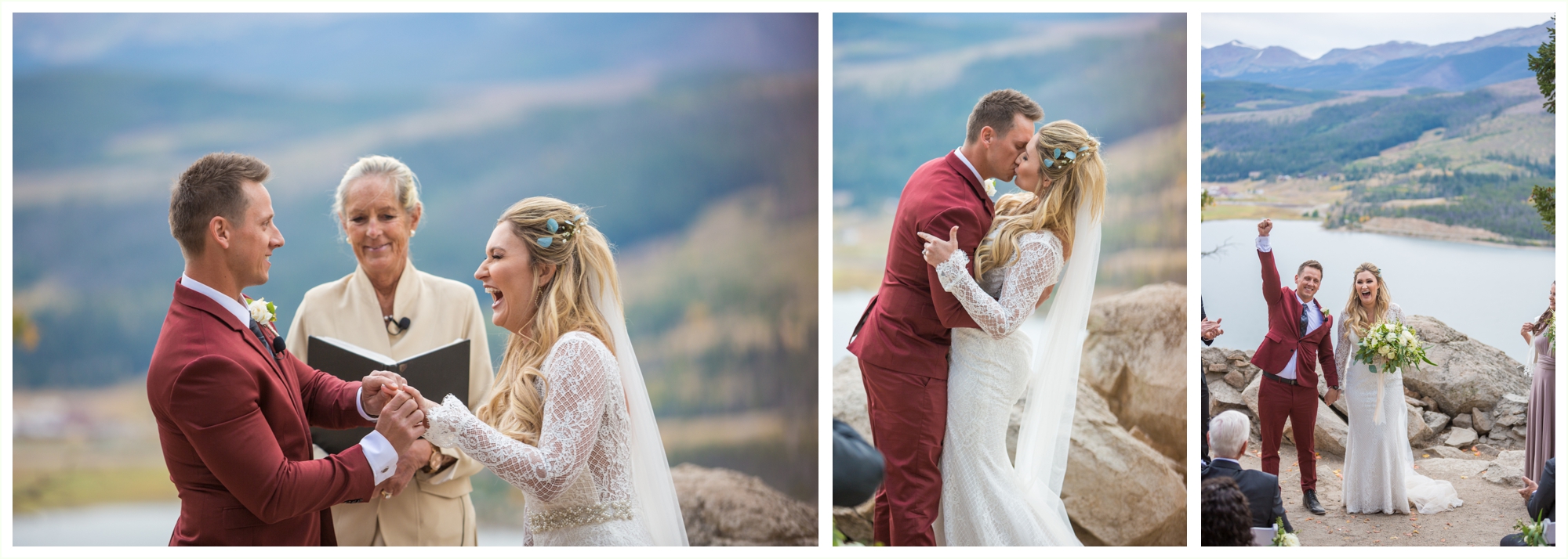 bride and groom share first kiss during sapphire point elopement in september breckenridge colorado