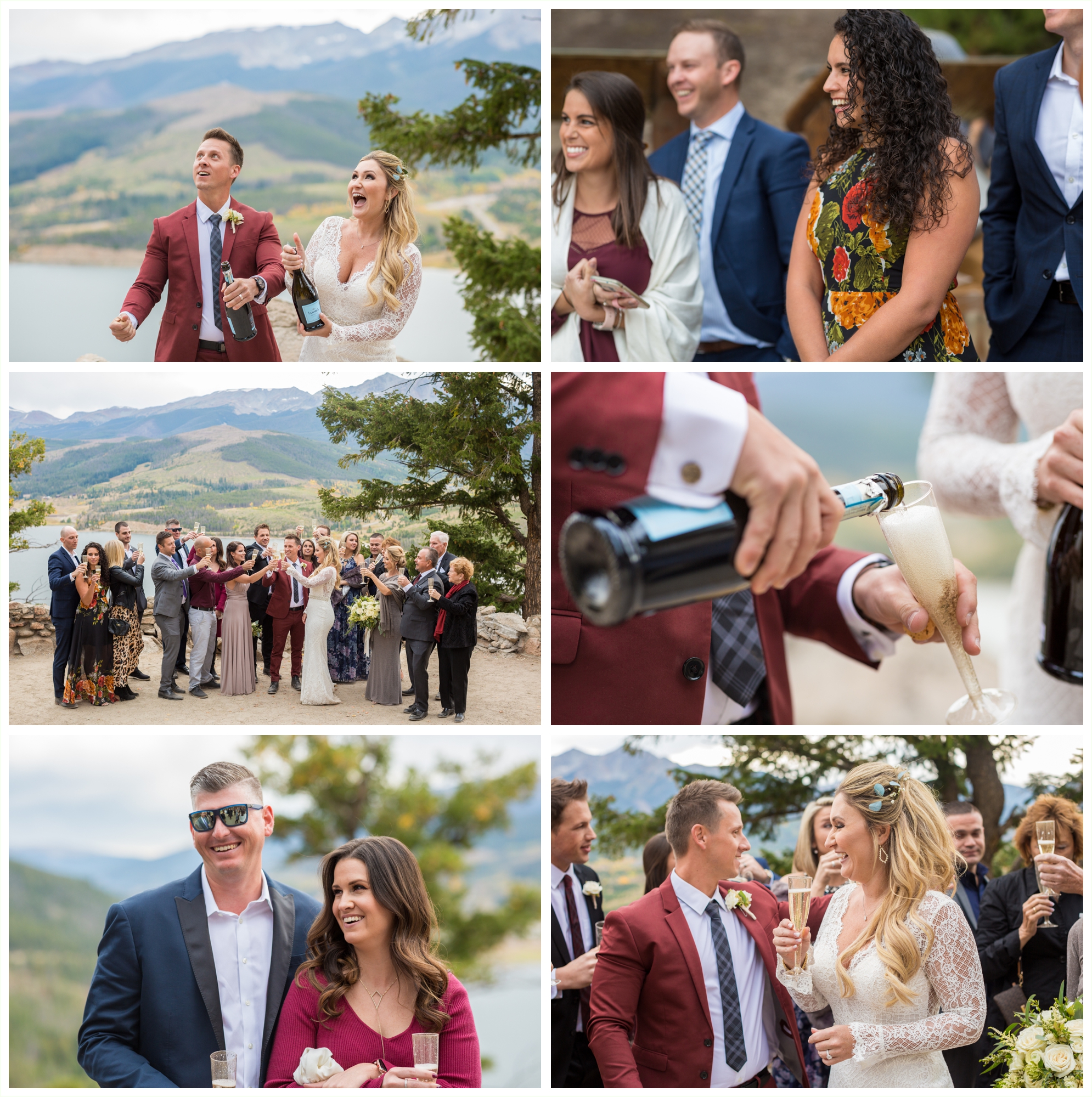bride groom popping champagne with guests after intimate wedding ceremony at sapphire point in breckenridge for fall elopement