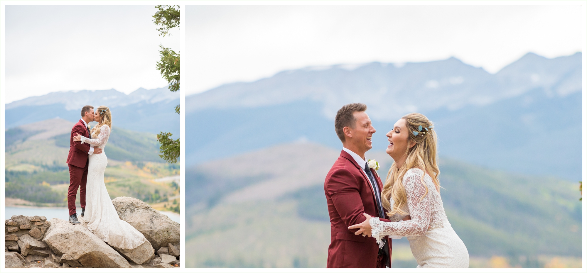 bride and groom portraits at sapphire point overlook in breckenridge colorado at lake dillon in september groom maroon suit
