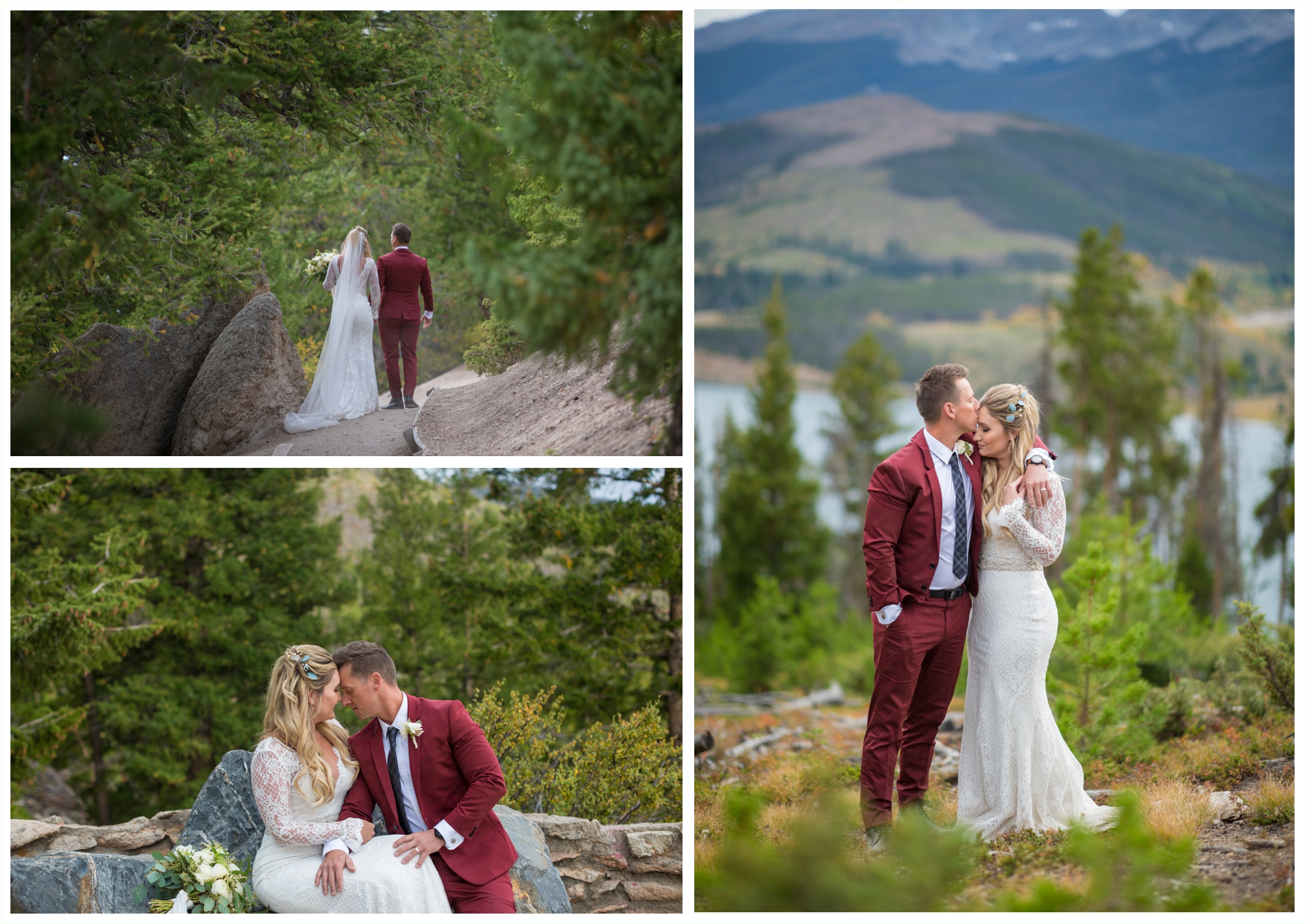sapphire point elopement portraits groom maroon suit bride long sleeved dress