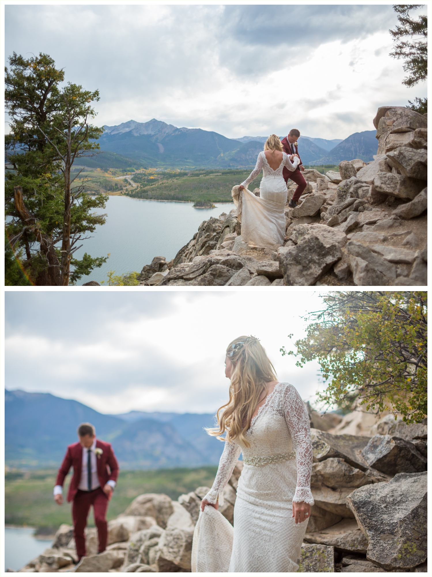 sapphire point elopement photos of bride and groom on rocks after intimate wedding ceremony