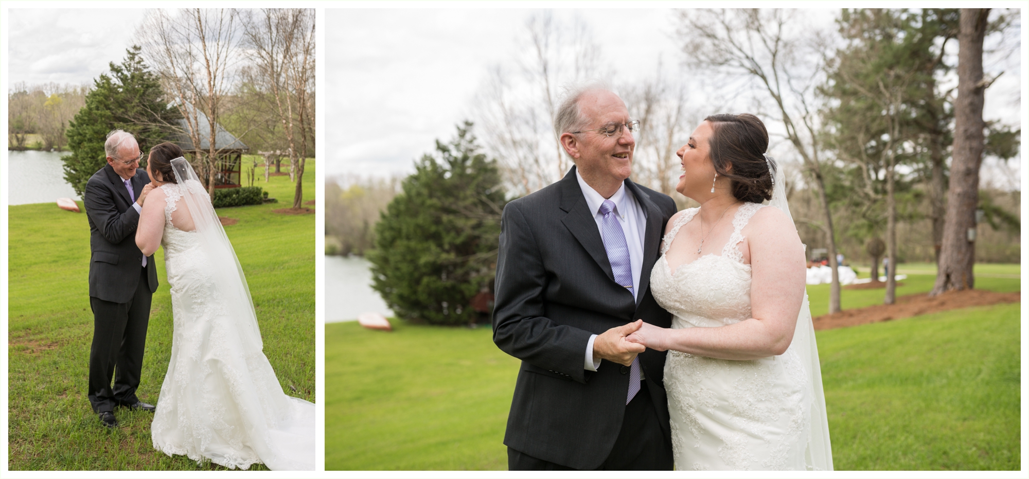 bride does first look with her father before wedding ceremony
