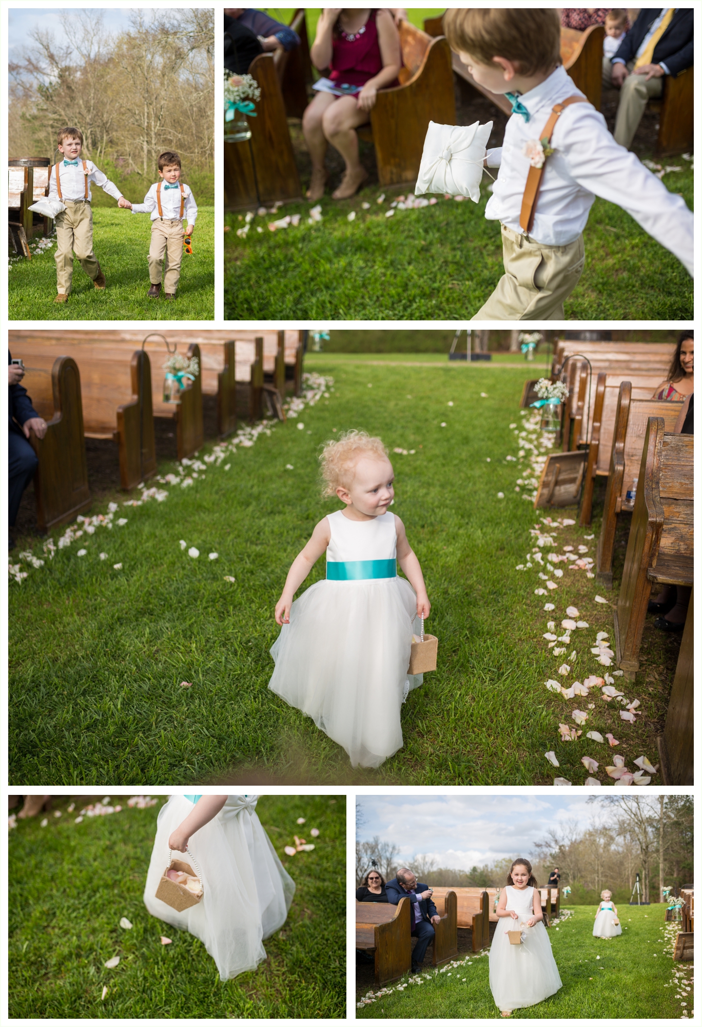 flower girl and ring bearers walking down the aisle during wedding ceremony