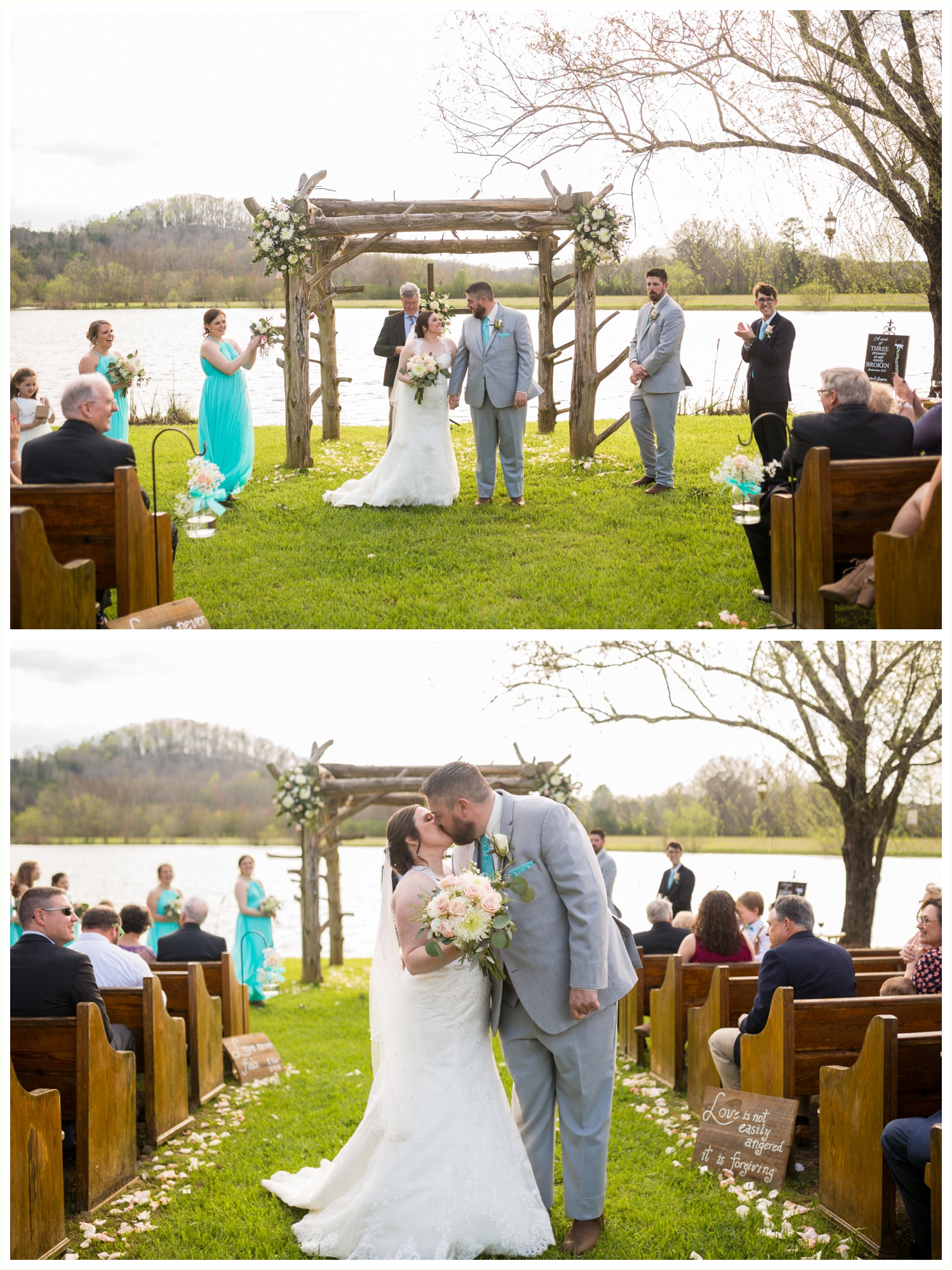 bride and groom share first kiss during spring wedding ceremony