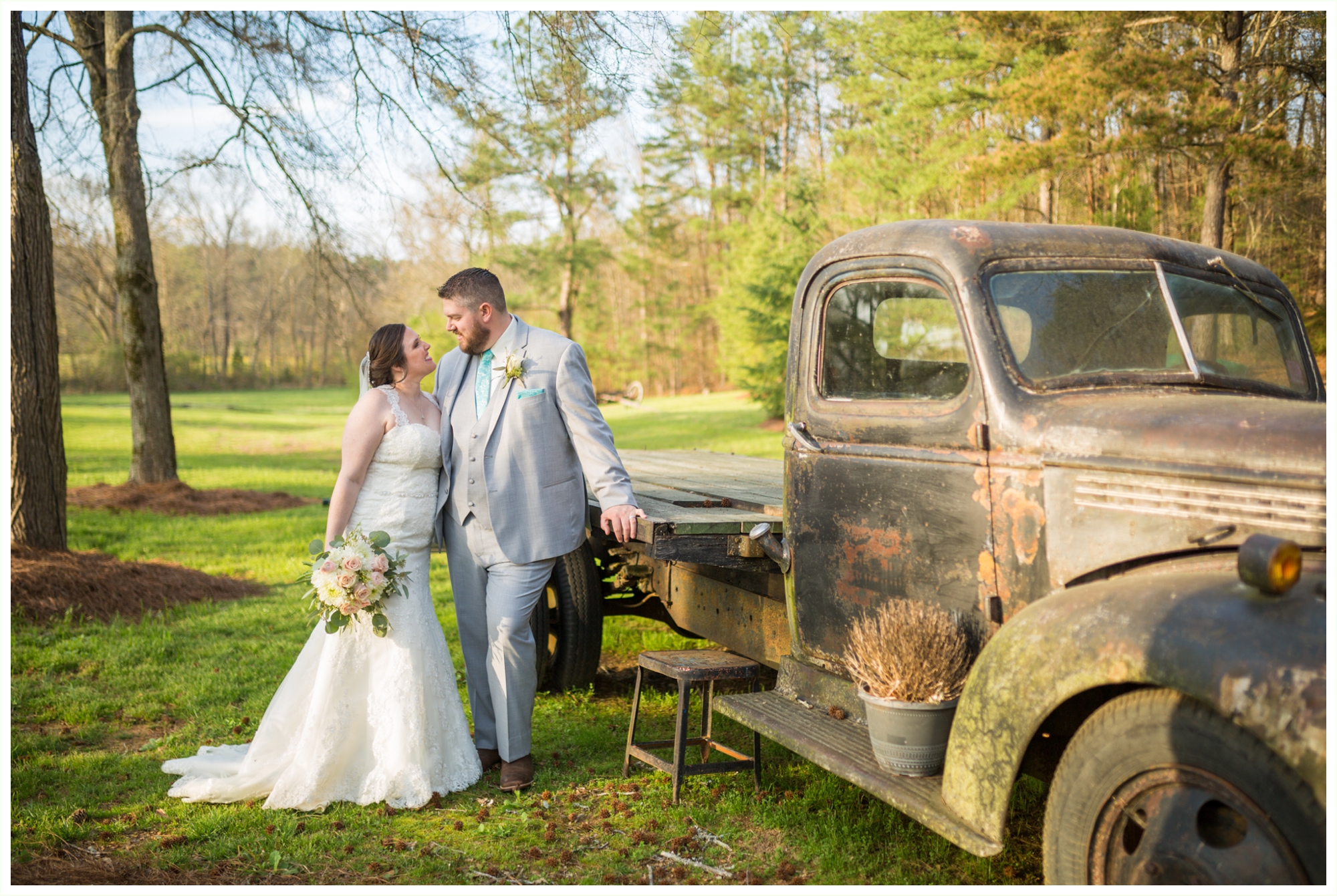 beautiful bride and groom portraits at spring lake events wedding in Georgia photos with old truck