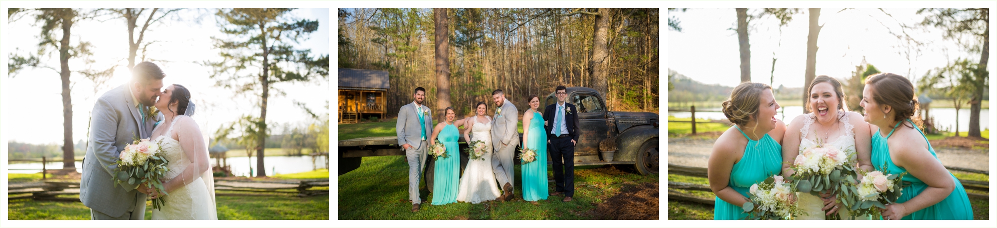 bridal party photos spring colors teal bridesmaids dresses in front of old truck