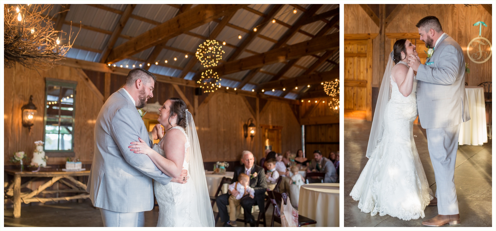 bride and groom share first dance in barn